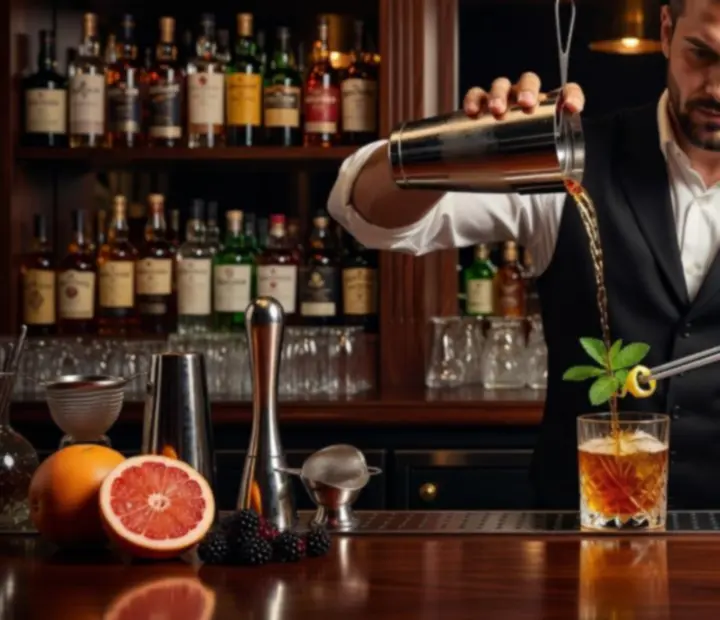 Professzionális bartender elegáns koktélt készít a bárpult mögött