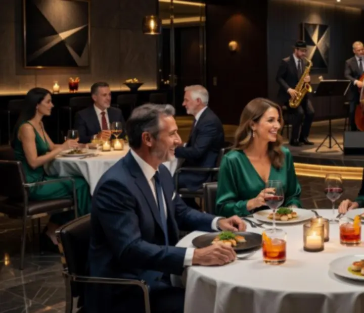 Cinematikus hangulatú éttermi esemény gyertyafénnyel és elegáns vendégekkel