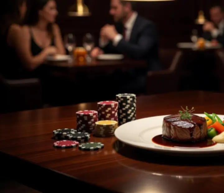 Gourmet fogások és koktélok elegáns poker est mellett tálalva