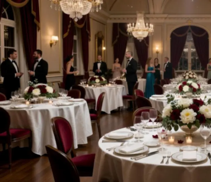 Elegáns, gyertyafényes rendezvényterem körasztalokkal és kifinomult terítékkel
