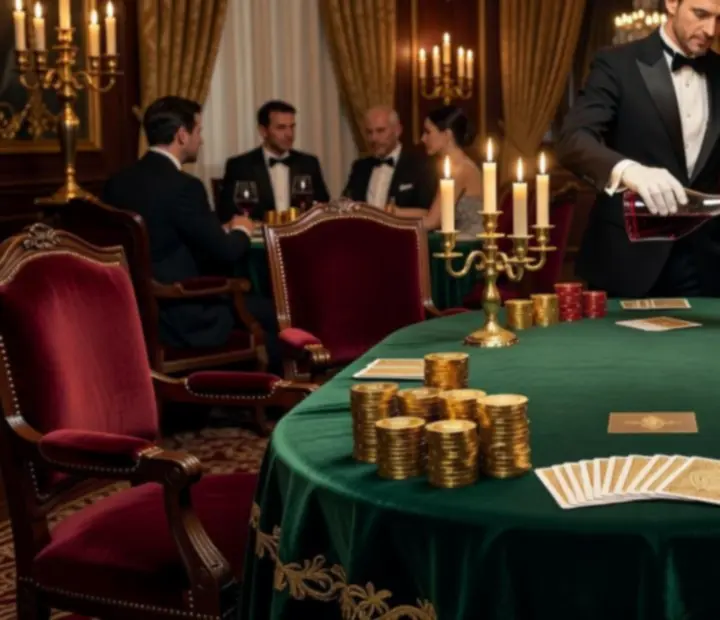 Luxus szintű poker asztal gyertyafényes, elegáns éttermi enteriőrben