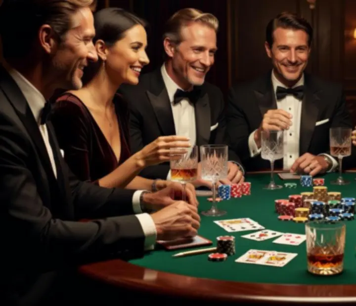 Társasági hangulatú poker asztal, ahol vendégek beszélgetnek és szimbolikus zsetonokkal játszanak