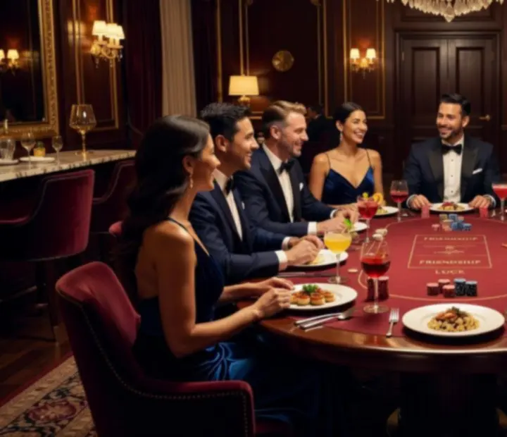 Elegáns poker asztal fine dining környezetben, ahol vendégek jelképes zsetonokkal játszanak