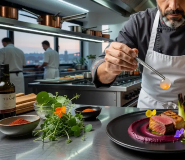 Séf kreatív tálaláson dolgozik egy fine dining konyhában